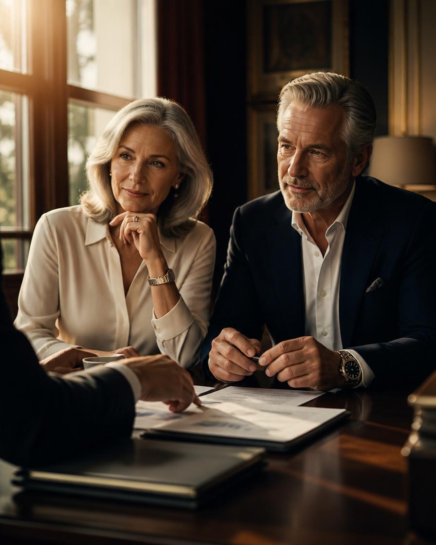 A distinguished couple in their sixties reviewing a written coverage analysis with their advisor